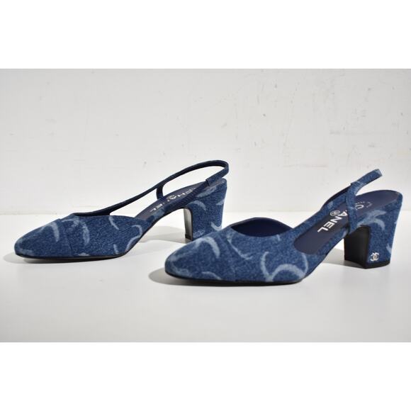 Chanel 23B Coco Sling Dark Blue Denim White CC Logo Slingback Block Heel 37 - Picture 9 of 12